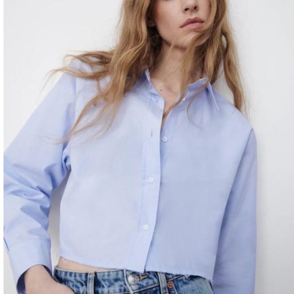 COPY - ZARA Light Blue Frayed Hem Cropped Shirt - (Size Small) NEW WITH TAG!